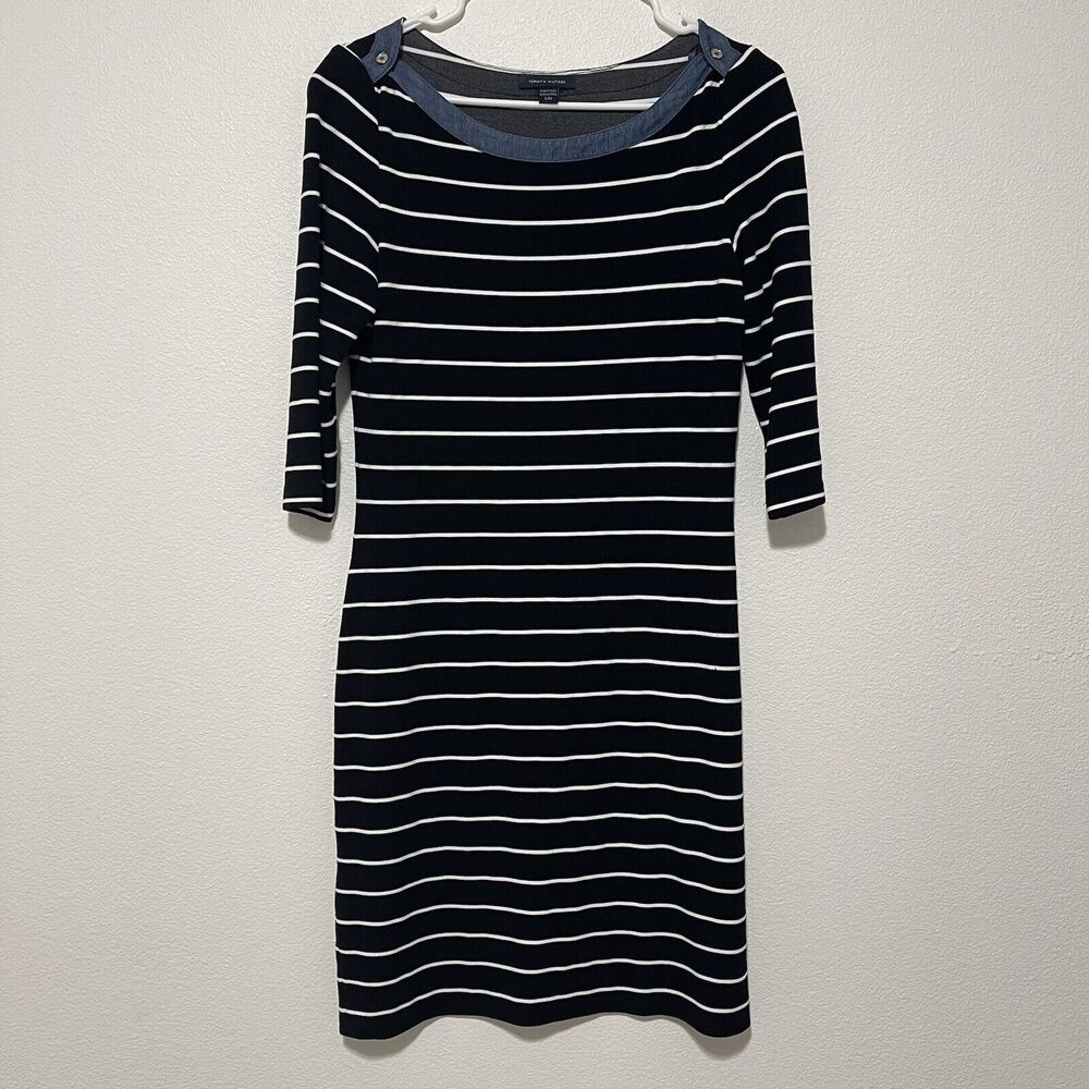 Tommy Hilfiger Dress Womens Small Black Stripe 3/4 Sleeve Boat Neck Boardwalk - Picture 1 of 10